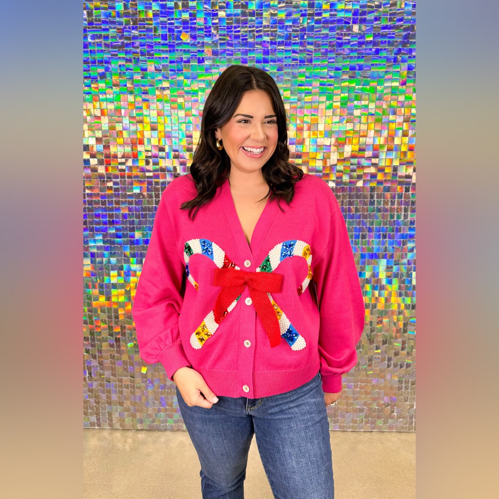 Candy Cane Bow Cardigan By Queen Of Sparkles.